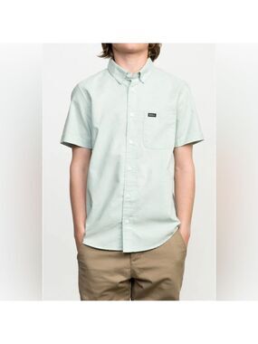 RVCA Boy’s‎ That’ll Do Short Sleeve Oxford Button Up Shirt SZ L Light Green